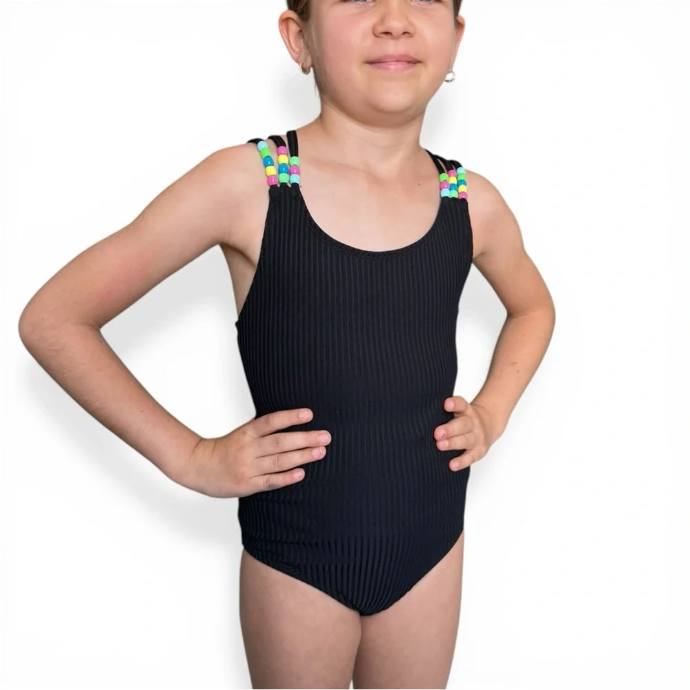 Beach Lingo Swimwear Girls One Piece Black Ribbed Strappy Back Size 7